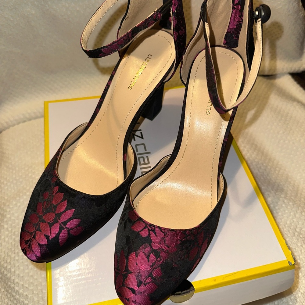 Liz Claiborne Black/Purple Floral Embroidered Ankle Strap Pumps